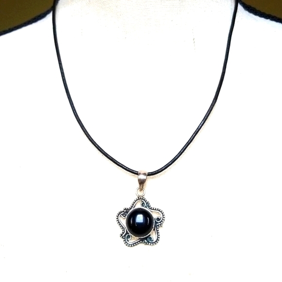 Vintage Onyx 925 Sterling Silver Leather Cord Pendant Necklace - Picture 8 of 15